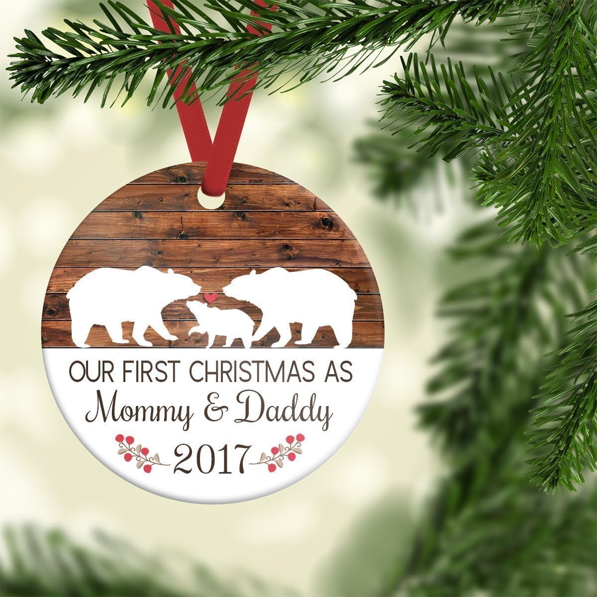First Christmas as Mommy and Daddy, Bear Family Ornament, Rustic Ornament, Faux Wood, Personalized Porcelain Ornament, 3" Flat Circle Christmas Ornament with Glossy Finish,Ribbon & Free Gift Box