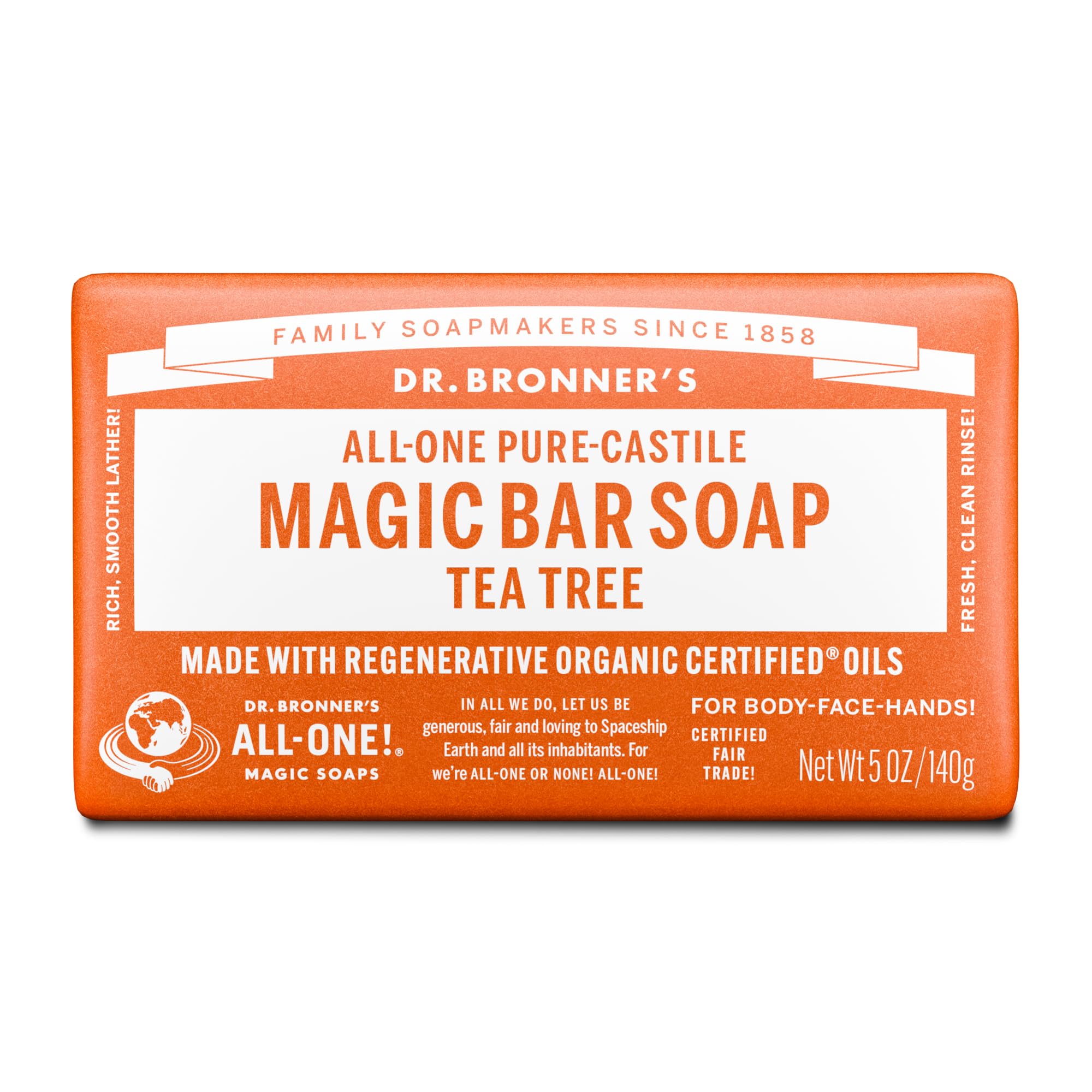Dr Bronner's 3-in-1 Tea Tree Pure Castile Bar Soap, Made with Organic Oils, Used for Face, Body and Hair, Certified Fair Trade & Vegan Friendly, 140g Bar