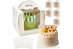 RAINFLOW 5Pack Cake Boxes with Windows 6.3x6.3x6 Inch Cake Box with Portable Carry Handle & Boards, White Cakes Carriers Hold