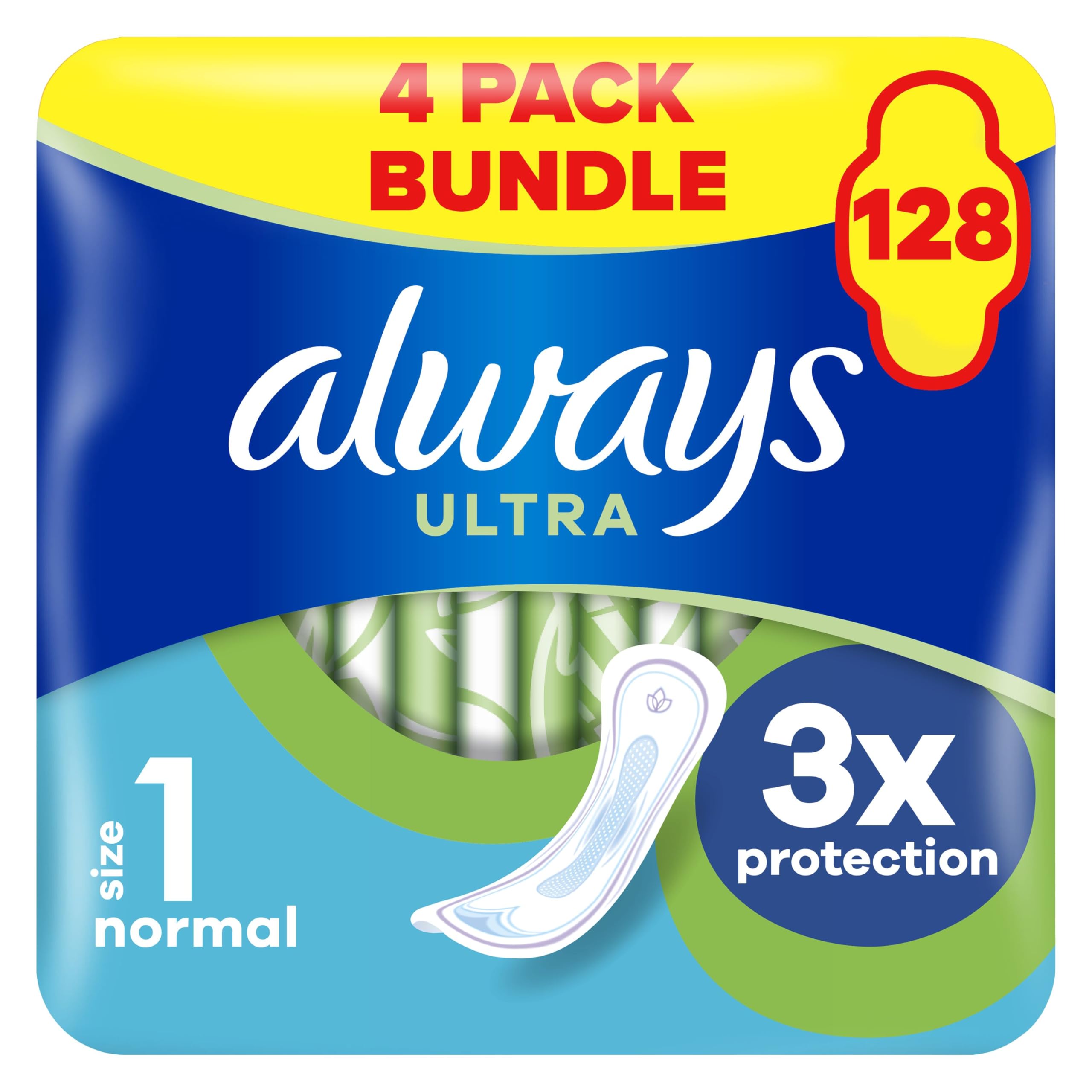 Always Ultra Sanitary Towels/Pads with Wings, Normal Size 1, Ultra Thin, 128 Towels (32 x 4 Packs), Super Saving Box, Odour Neutraliser, Super Absorbent Core