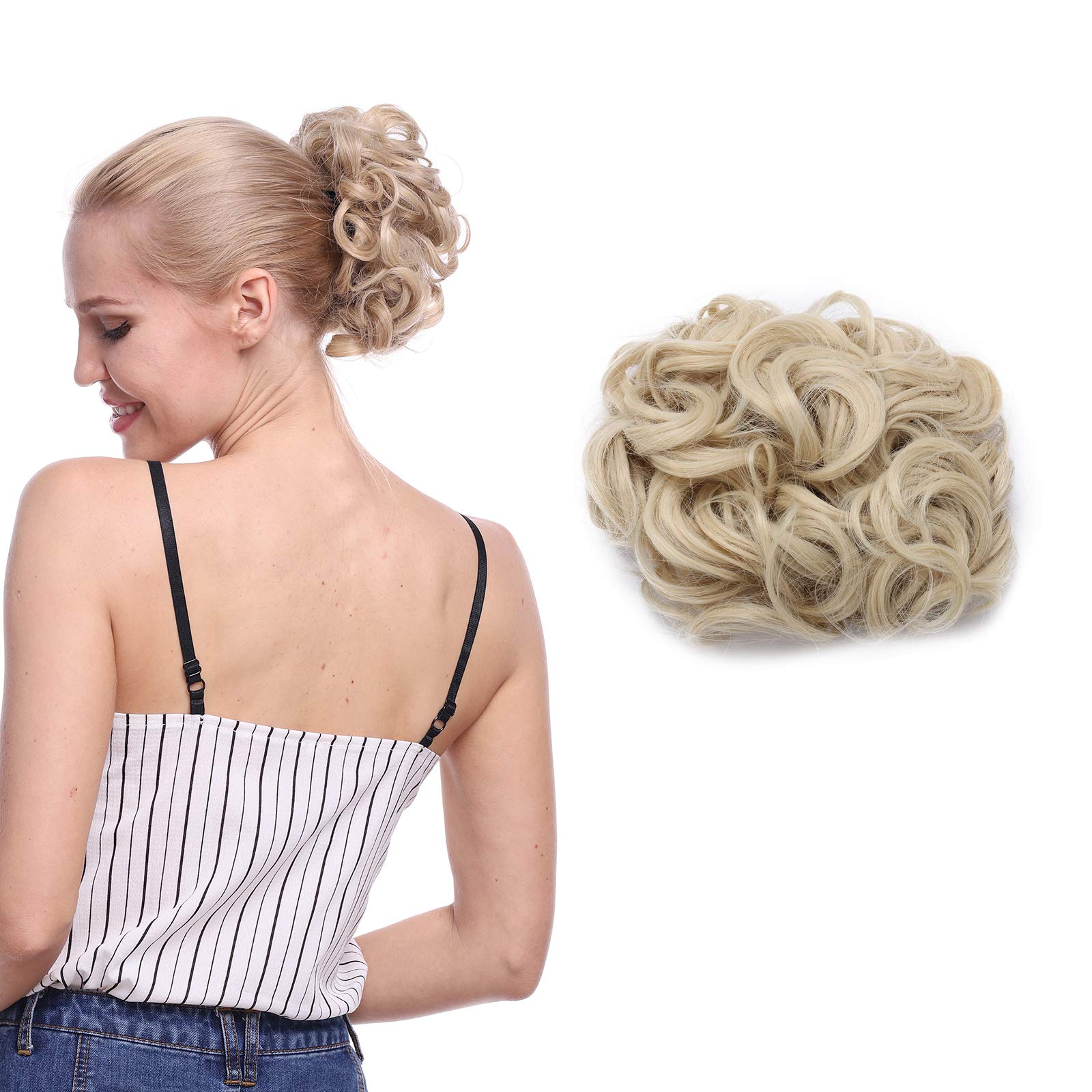 Silk-co Messy Curly Hair Bun -Bleach Blond Hair Extension Stretch Combs Clip in Ponytail Scrunchie Chignon Hairpieces