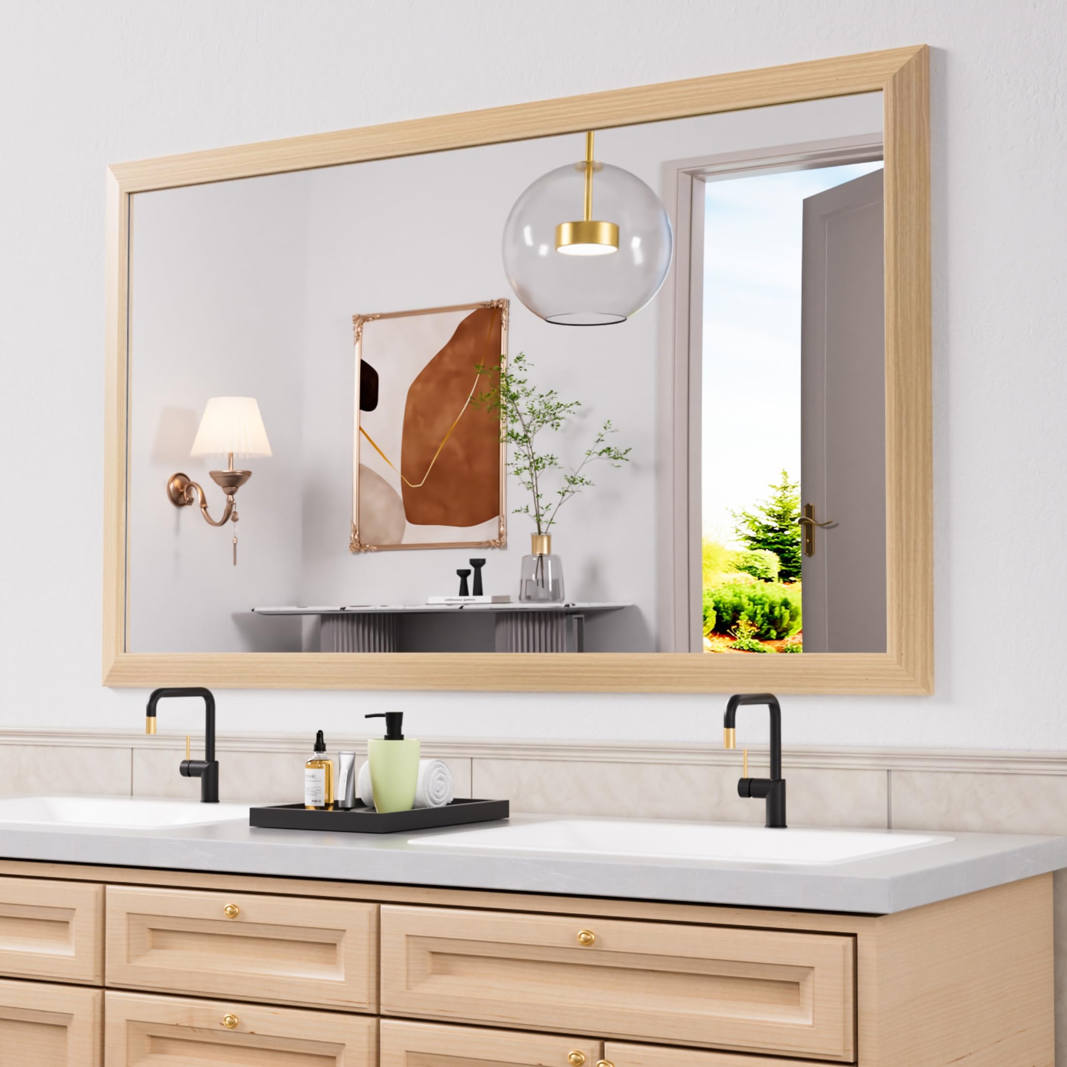 Photo 1 of Amorho Bathroom Mirror, 60 X36 Inch Wall Mirror, Oak Wood Grain Metal Framed, Anti-Rust, Hang Horizontally/Vertically, Suitable for Bedroom, Farmhouse, Bathroom, Decorative