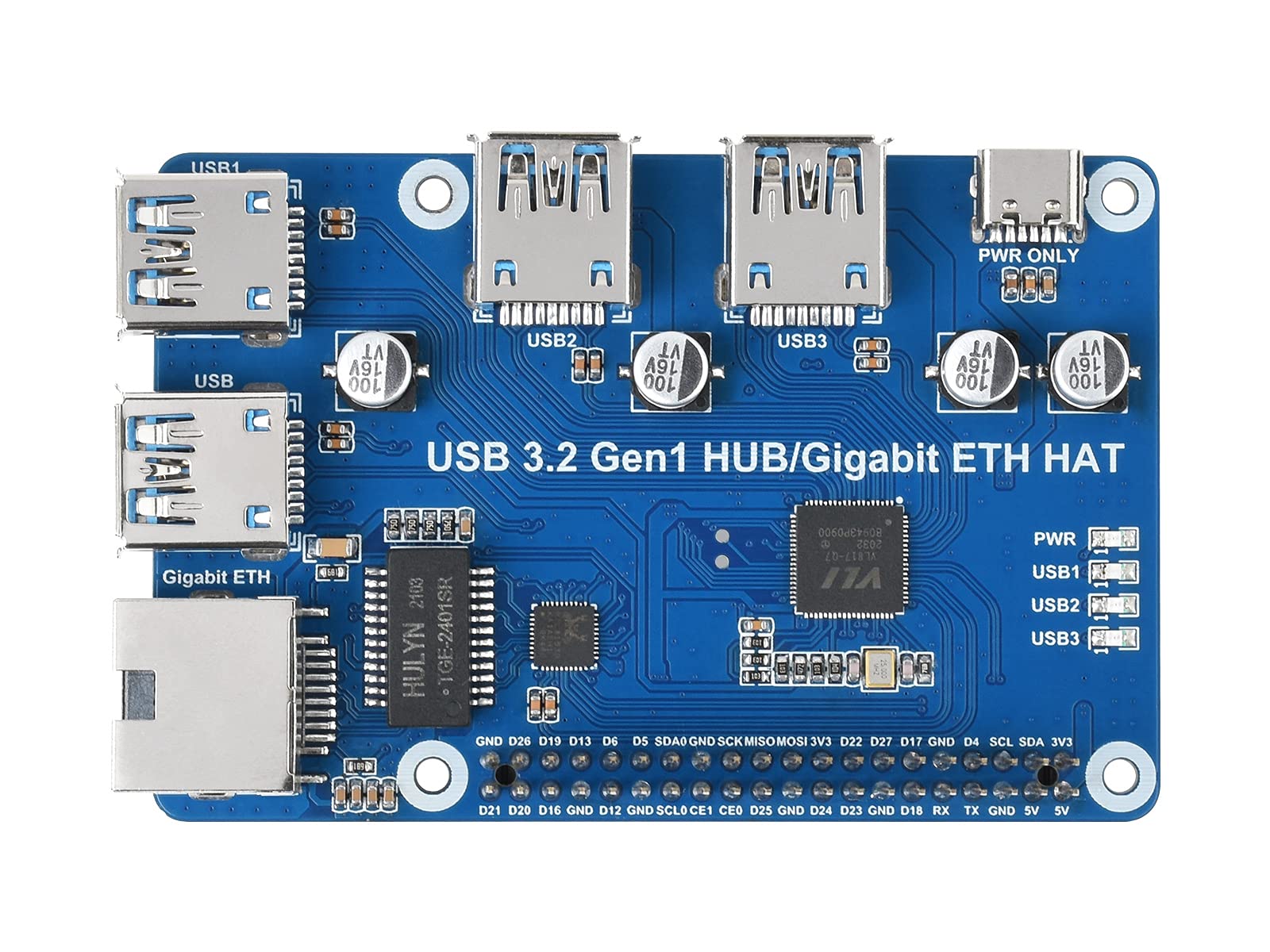 Waveshare USB 3.2 Gen1 and Gigabit Ethernet HUB HAT for Raspberry Pi Zero/Zero W/4B/3B/3B+, 3X USB 3.2 Gen1 1x Gigabit Ethernet Driver-Free Plug & Play