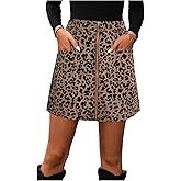 Floerns Women's Cheetah Print A Line Mini Skirt Zip Up Corduroy Skirts with Pockets