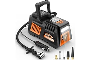 FBK Portable Tire Inflator Digital Air Compressor 12V DC Tire Air Pump Car Accessories with Auto Shut-Off Function, Emergency LED Light, Carrying Case, Set of Nozzle Adaptors for Car, Motorcycle, Bicycle