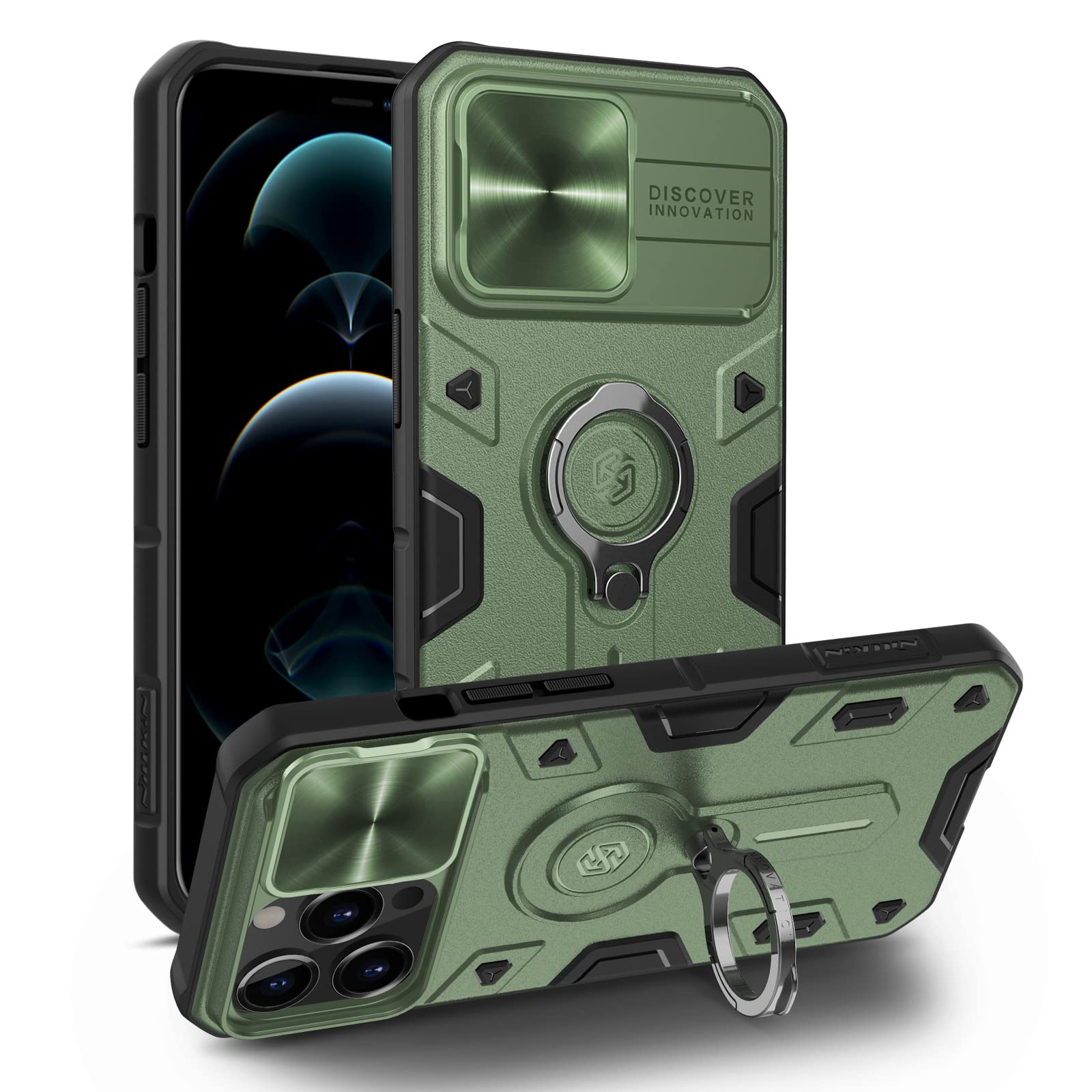 Nillkin for iPhone 13 Pro Case, Military Grade Case with Kickstand & Camera Cover, Heavy Duty Case with Camera Lens Protection and Stand, Green