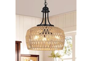 HMVPL Farmhouse Chandelier for Dining Room, 3-Light Boho Rattan Chandelier Light Fixture Ceiling Hanging with Woven Lampshade, Small Wicker Coastal Pendant Light for Kitchen Bedroom Island Hallway
