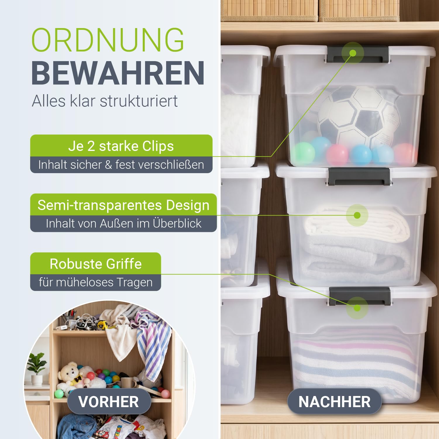 Juskys Aufbewahrungsbox mit Deckel - 4er Set Kunststoff Boxen 45l - Box groß, stapelbar, transparent - Aufbewahrung Ordnungssystem Aufbewahrungsboxen 5