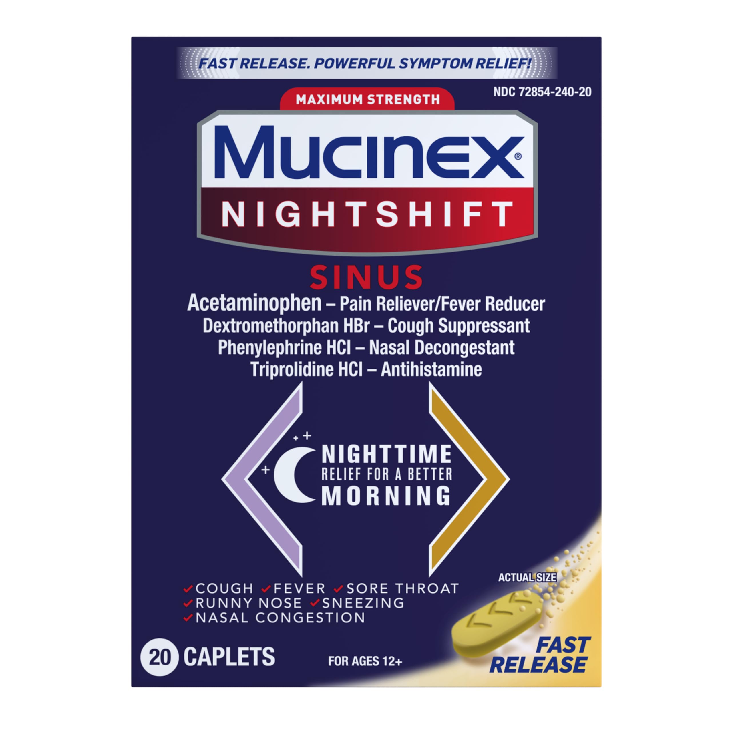 Mucinex Nightshift Sinus, Maximum Strength Powerful MultiSymptom Night Relief, 20 Fast Release Caplets Pain Reliever/Fever Reducer, Cough Suppressant, Nasal Decongestant & Antihistamine