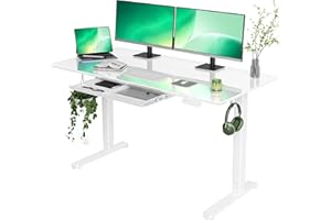 INNOVAR Glass Standing Desk with Drawers, 55×24 Inch Adjustable Stand Up Desk Quick Install Home Office Computer Desk, White
