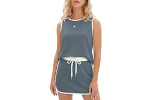 Womens 2 Piece Skort Set 2026 Color Block Short Sleeve Top Drawstring Skort Matching Sets Casual Lounge Summer Outfit
