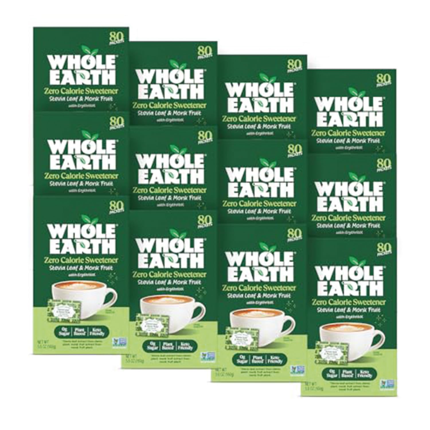 Whole Earth Sweetener Co. Stevia & Monk Fruit Sweetener, Erythritol Sweetener, Stevia Packets, Sugar Substitute, Natural Sweetener, 80 Count (Pack of 12), Packaging may vary Image