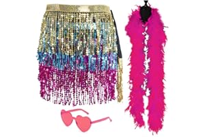 SHENJIPPC Sequin Skirt - Sequin Skirt for Women Fringe Skirt Belly Dance Rave Disco Cowgirl Sparkle Skirt, with Sunglasses + Boa