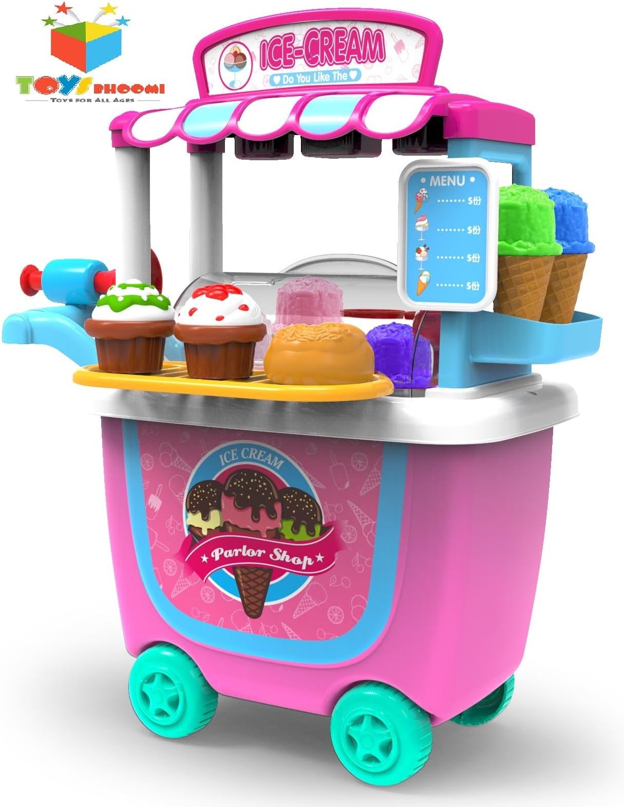 toys bhoomi fascinating push cart trolley ice cream parlor shop - 31 pieces- Multi color