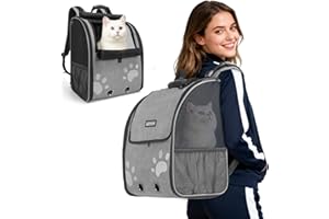 MOYSOON Cat Backpack Carrier with Comfort Handle, Ventilated Cat Backpack with Reflective Strips, with Chest and Shoulder Buckles, Foldable Cat Carrying Backpack for Kitty Small Dog up to 15lbs(Grey).