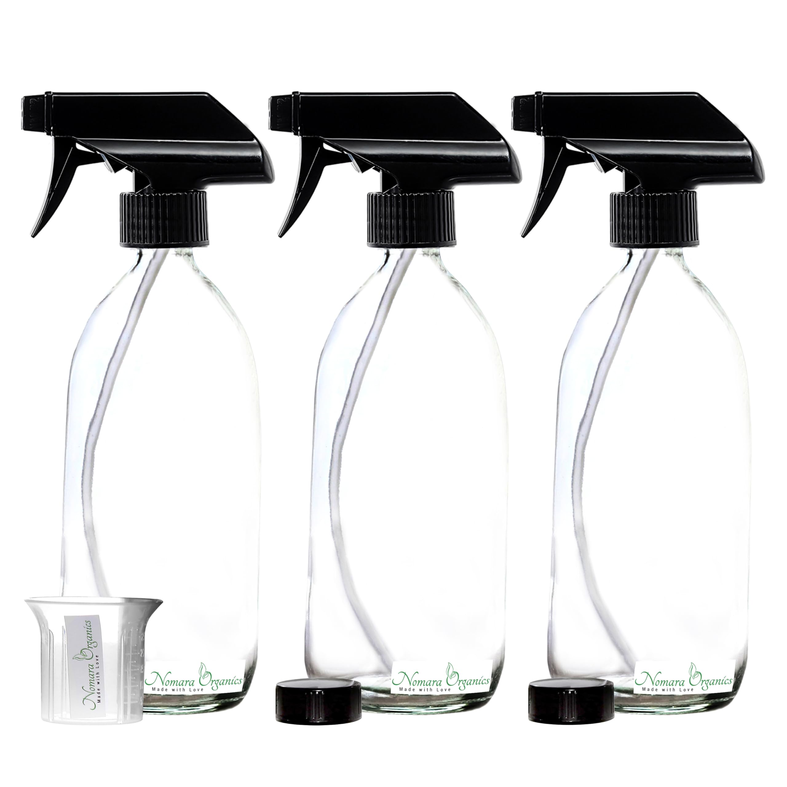 Nomara Organics Clear Glass Spray Bottles 3 x 500ml. Black trigger/Pump/Refillable/watering/organic/oil-vinegar/hair/cleaning products.