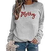 Womfashi Christmas Sweatshirts Women Merry Chenille Letter Sweatshirt Xmas Holiday Party Gifts Crewneck Pullover Blouse