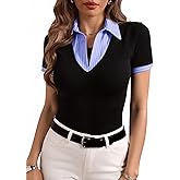 winkbay Women's Summer Collared Work T Shirts Elegant Striped Short Sleeve Business Casual Tops