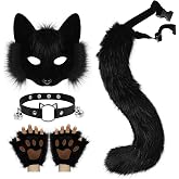 HAOAN Faux Fur Half Face Mask Paw Gloves Wolf Fox Tail and Leather Necklace Set Costume for Halloween Cosplay Party