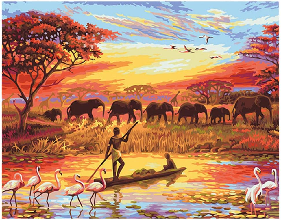 JWFJF paint by numbers African fisherman and animal herd painting by numbers for adults kit canvas Children and beginners Diy oil painting Home Decoration gift 16x20 inch (frameless)