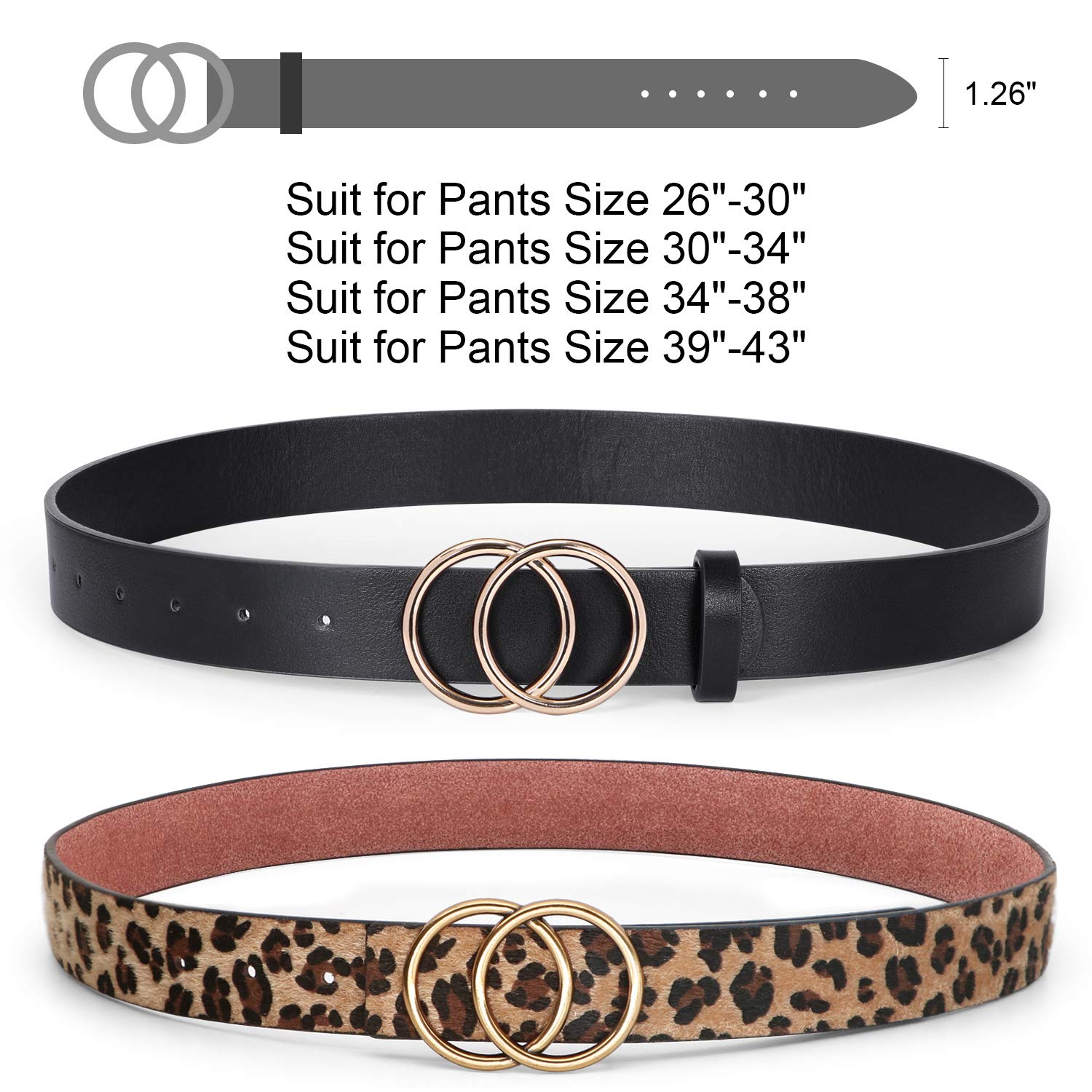 2 Pack Women Leather Belts for Jeans Pants,WERFORU Ladies Plus Size Waist Belts with Double O-Ring Buckle,Suit for Pants Size 26-30 Inches,Black+Leopard