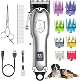 Dog Rechargeable Cordless Clippers for Grooming for Heavy Thick Hair&amp;Coats | Low Noise Dog Hair Trimmer,Pet Shaver with Stainless Steel Blade, Dog Grooming Kit for Small Large Dogs Pets (Sliver)