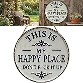 VYNQVHC Funny Garden Metal Sign, 12/8 in This Is My Happy Place Don't F It up Sign, Vintage Tin Plaque for Outdoor Garden Patio Home Wall Decor Humorous Housewarming Welcome Sign for Office Bar(#A, 12in)