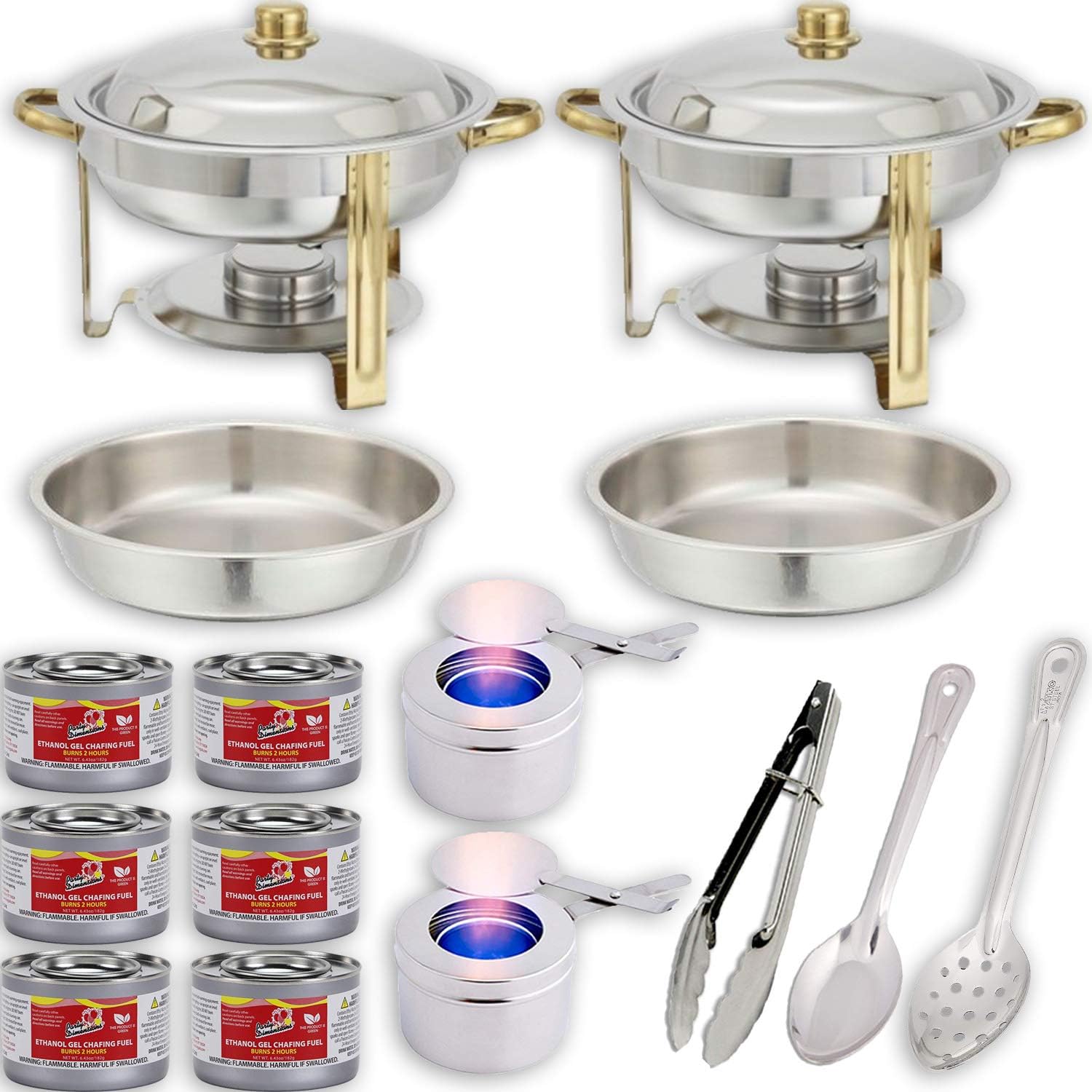 Round Chafing Dish Buffet Set w/Fuel &mdash; Water Pans + Food Pans (4 qt) + Frames + Lids + Fuel Holders + 6 Fuel Cans + Serving Utensils (11&rdquo; Perforated Spoon + 11&rdquo; Solid Spoon + 9&rdquo; Tong) &mdash; 2 Full Warmer