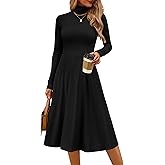 CFLONGE Women's Casual Ribbed Knit High Neck Dress Long Sleeve Fall Dress for Women 2025 Lightweight A Line Flare Dresses