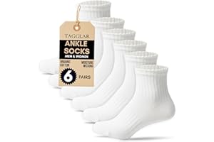 TAGGLAR Organic Cotton Ankle Socks for Men & Women – Moisture Wicking, Arch Support, Cushioned Athletic Comfort (6 Pairs)