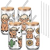 SiliFine 4 Pcs Highland Cows Gifts for Women Western Highland Cow Glass Cups with Lid and Straw 16 oz Cute Cow Drinking Tumbler West Coffee Cups for Cowgirl Cowboy Women Men Birthday Party Favor Gift