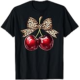 Retro Cherry Leopard Coquette Bow Cute Cherries Women Girls T-Shirt
