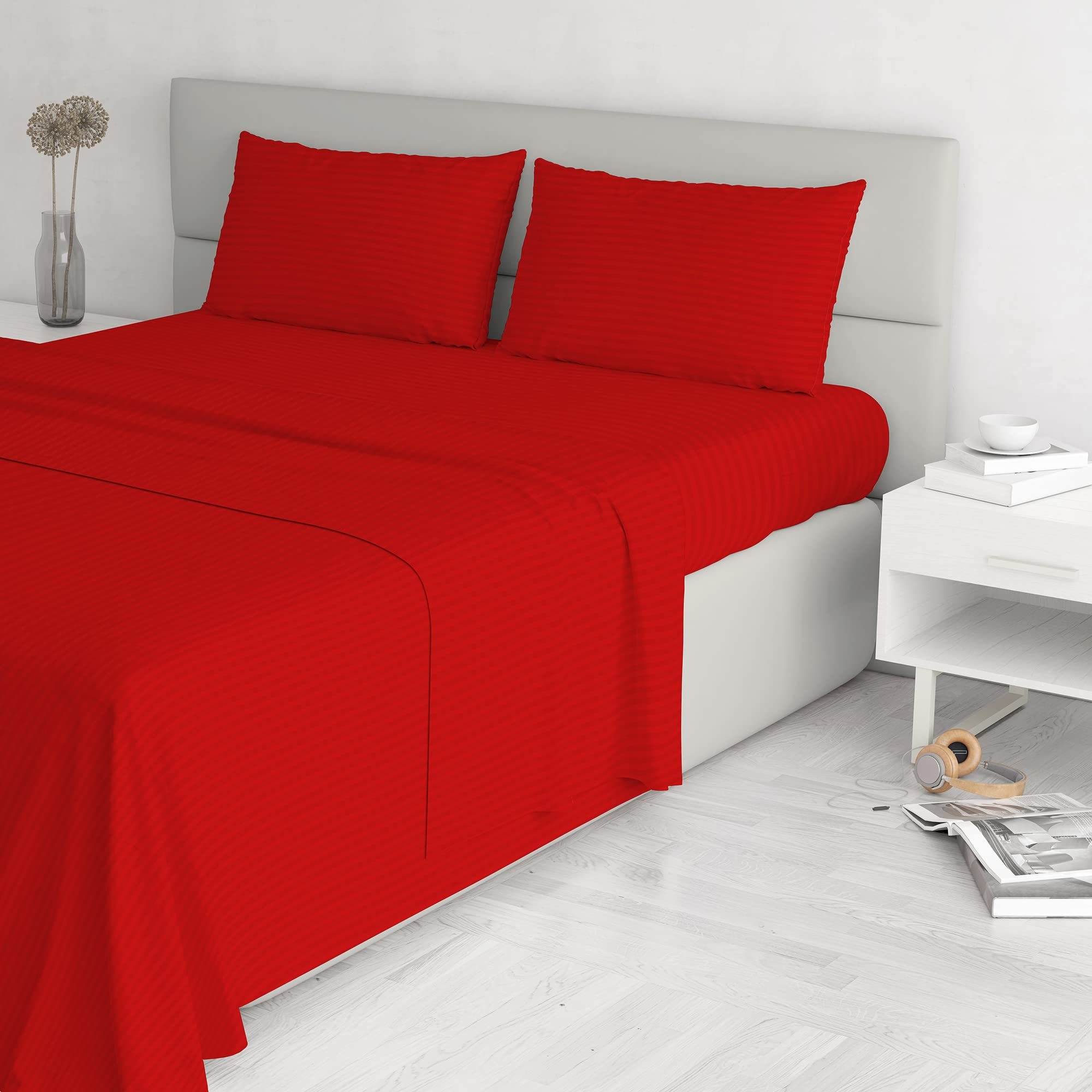 Italian Bed Linen Satin Stripes Bed Linen Set, Double, red