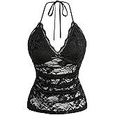 Verdusa Women's Plus Size Floral Lace Date Night Tops V Neck Backless Halter Top