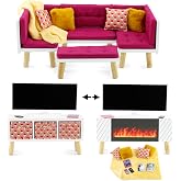 Emily Rose 18 Inch Doll Living Room Furniture Set - 19 Piece Wooden Convertible Sectional Sofa Daybed with TV, Fireplace, No-Slip Cushions &amp; Accessories, Fits American Girl - Pink