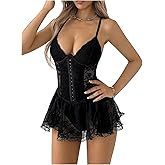 SOLY HUX Women's Y2k Lace Mini Dress Spaghetti Strap Corset Ruffle Hem Party Club Dresses