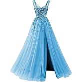 Sparkly Tulle Prom Dresses for Teens 2026 Sequins Beaded Prom Dress with Slit A-Line Corset Evening Formal Gowns