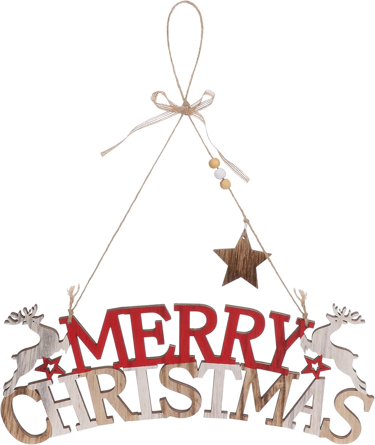 Wooden Merry Christmas Hanging Sign Hand Painted, Rustic Style (31cm
