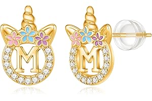 POSHJEW Unicorns Gifts for Girls Earrings,14k Gold/White Gold/Rose Gold Plated Sterling Silver Post CZ Unicorn Stud Earrings for Girls Initial Stud Unicorn Earrings for Little Girls Kids Jewelry Gifts