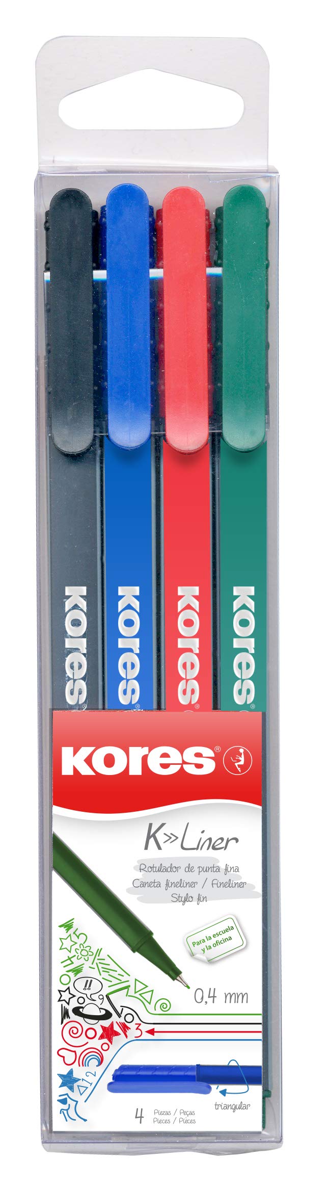 Kores - K-Liner - Coloured Fineliners - 0.4mm - Colouring Pens, Fineliner Marker Pens, Art Pens, Journaling Supplies, University Essentials, School Supplies - Pack of 4 in Assorted Colours