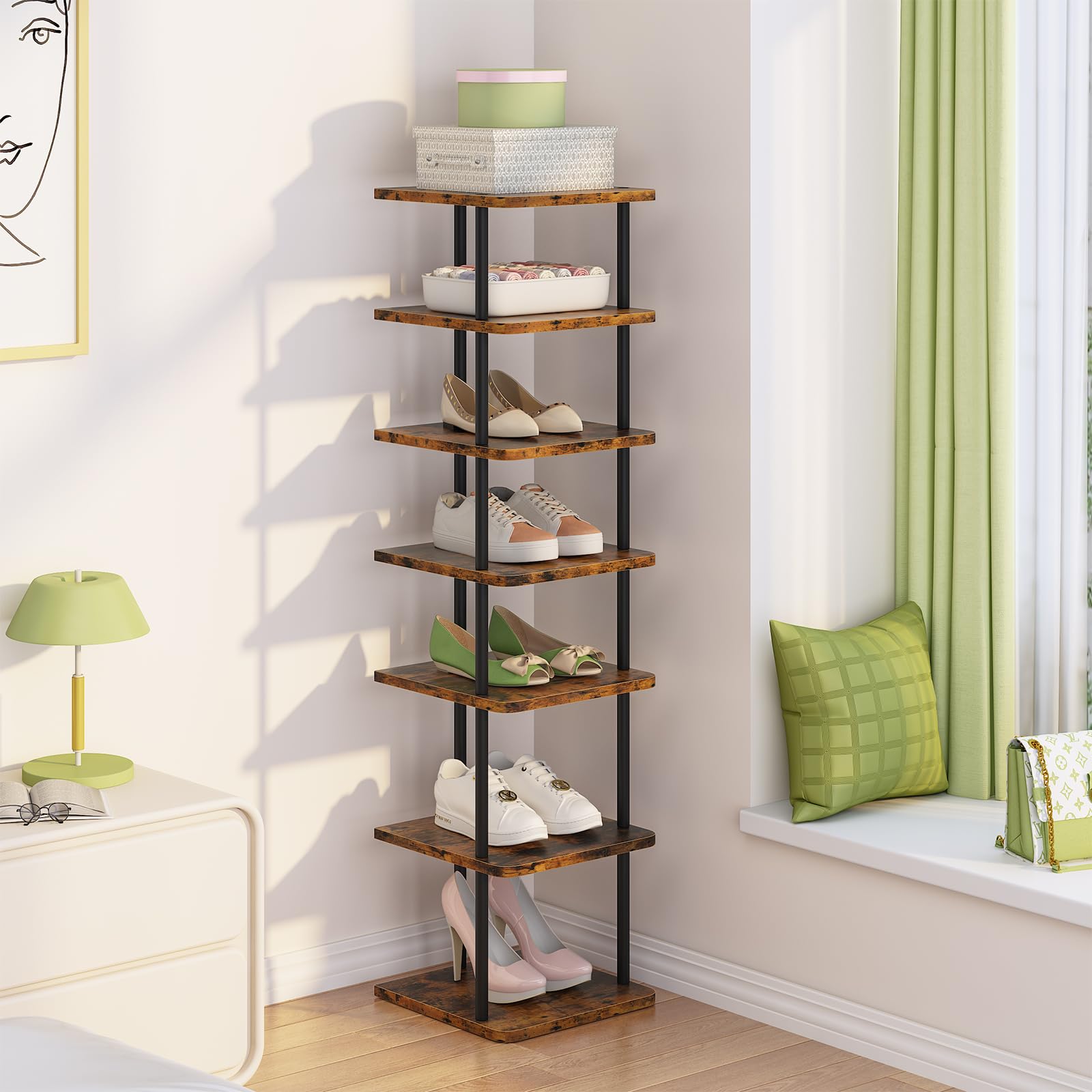 Huhote Shoe Rack Organizer, Shoe Stand, 7 Tier Narrow ShoeShelf, Metal ShoeTower, ShoeRack for Closet, Hallway, Entryway, Front Door, Small Spaces, Wood Color