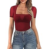 Allchic Women's Square Neck Sheer Mesh T-Shirts Short Sleeve Double Lined Blouse Tops.