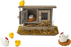 Hiawbon Miniature Retro Wooden Chicken Coop Mini Family Chicken,Hen,Chick,Egg,Chicken Nest Ornament Micro Landscape Fairy Garden Decor
