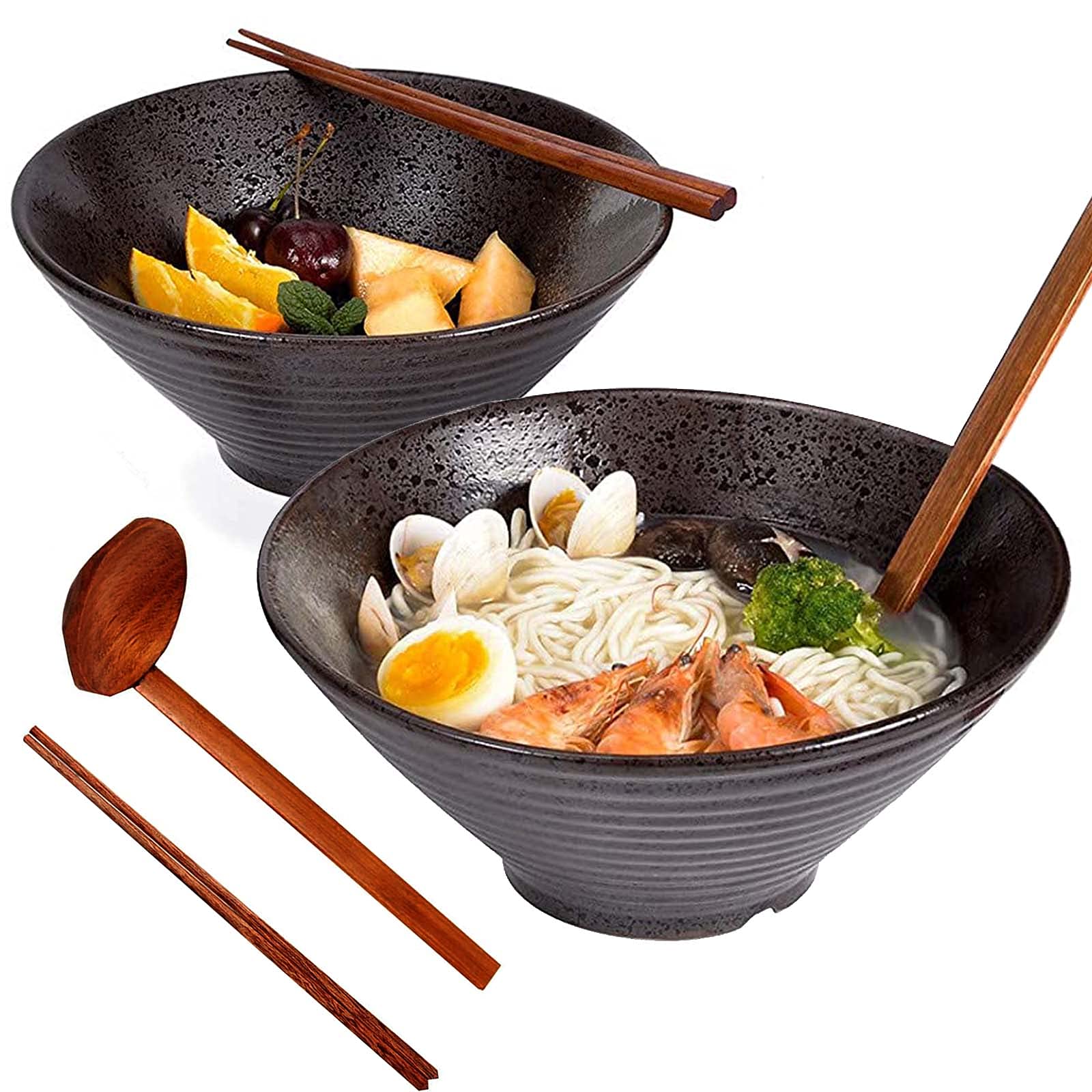 2 Set Tableware Ceramic Ramen Bowl - Japanese Noodles Bowls Dinner Sets for Pasta Soup Pho Mixing Salad Dishes Snack cereal Food with Spoons Chopsticks Kit 1000 Ml for New Home House Warming Gifts