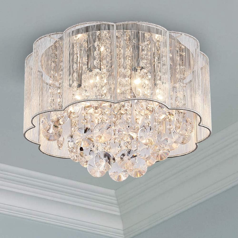 Bestier Modern Crystal Raindrop Drum Chandelier Lighting Flush Mount LED Ceiling Light Fixture Lamp for Dining Room Bathroom Bedroom Livingroom 6 E12 LED Bulbs Required Diameter 16 inch Height 12 inch - - 