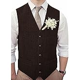 Teukuire Men's V-Neck Suit Vests Slim Fit Casual Business Formal Herringbone Tweed Wool Waistcoat Wedding Groomsmen Suit Vest