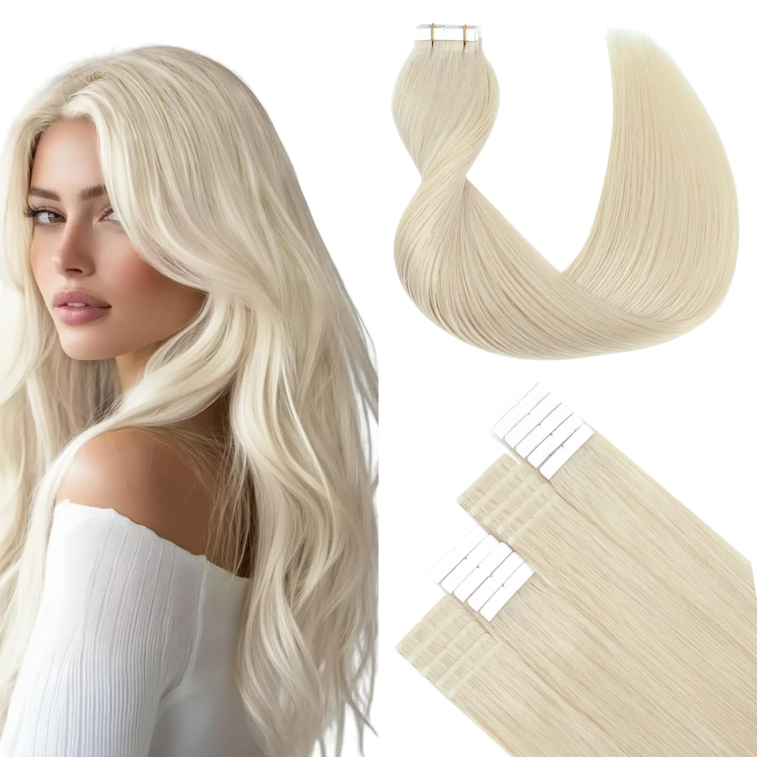 SURNEL Tape in Hair Extensions Platinum Blonde Color 60 50g 20pcs Straight Invisible Reusable Tape in Real Human Hair Extensions for Women (T20inch, 60) — image 1