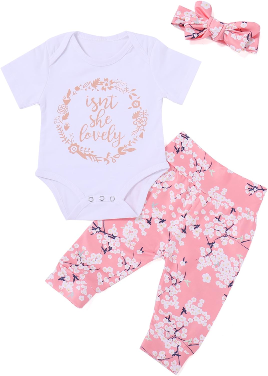 Giwawa 3PCS Floral Outfit Set Baby Girls Isn't She Lovely Romper