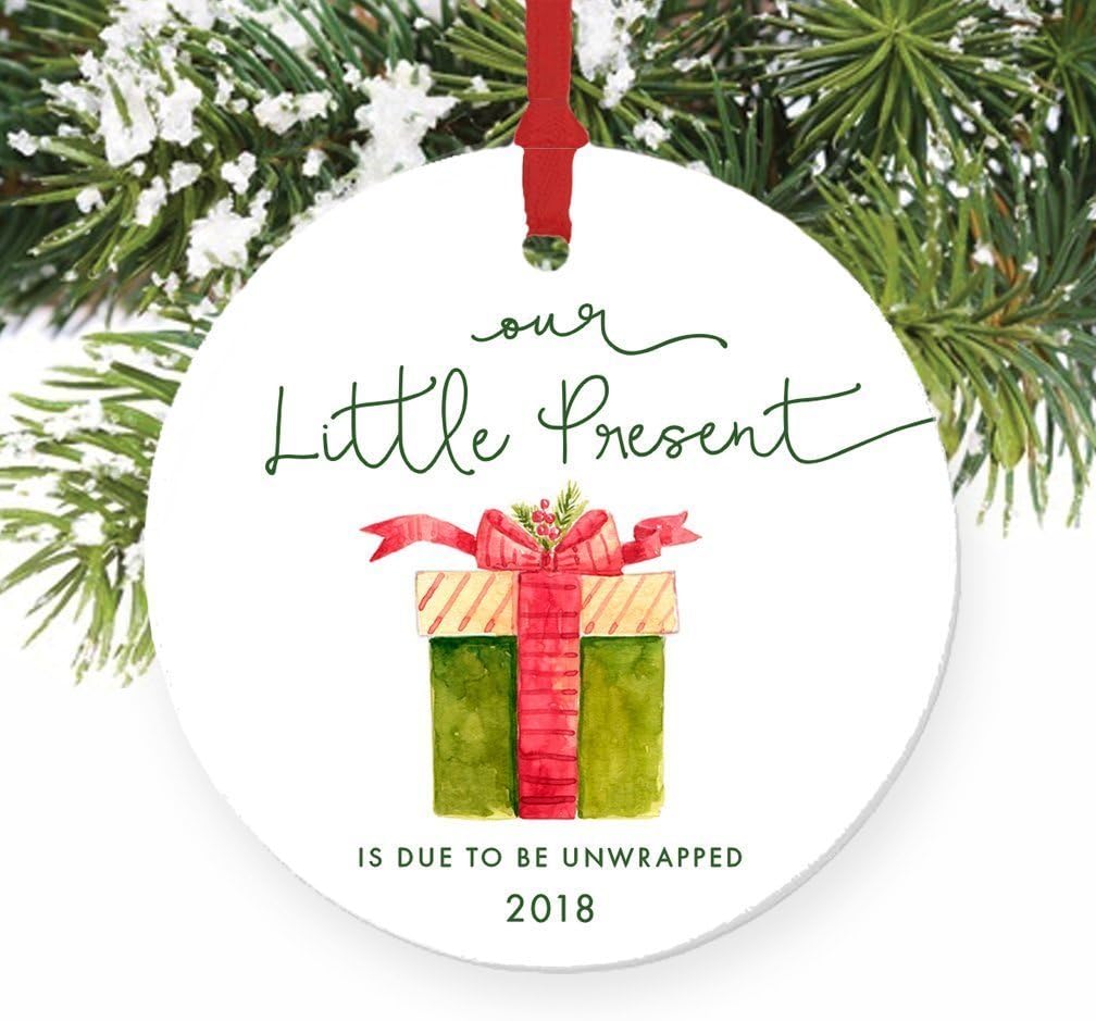 Our Little Present 2018 Pregnancy Announcement Ornament, Expecting Parents Porcelain Ceramic Ornament, 3" Flat Circle Christmas Ornament Glossy Glaze, Red Ribbon