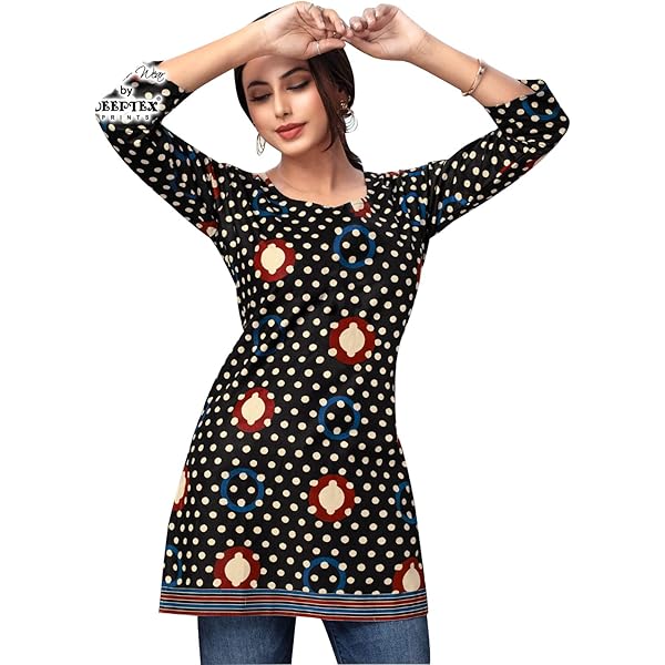 Tunique Femme Ladyline En Pur Coton - Col Chinois Et Manches 3/4 - Longueur 114-116 Cm - Fente Devant Et Poches